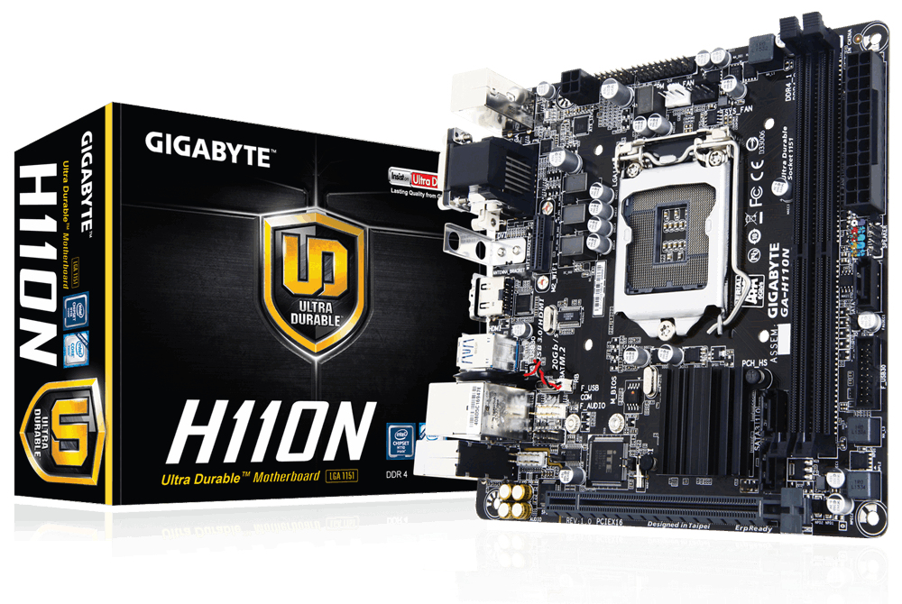 Gigabyte GA-H110N, Mini ITX, Intel H110, LGA1151, 2DDR4, 3SATA3, PCIe,  Mini-PCIE, TPM, DVI, VGA, HDMI, x Wi-Fi