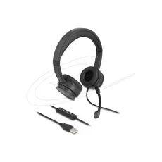 Delock USB Stereo Headset with Cable Remote Control and Quick-Mute Button for PC and Laptop, Black