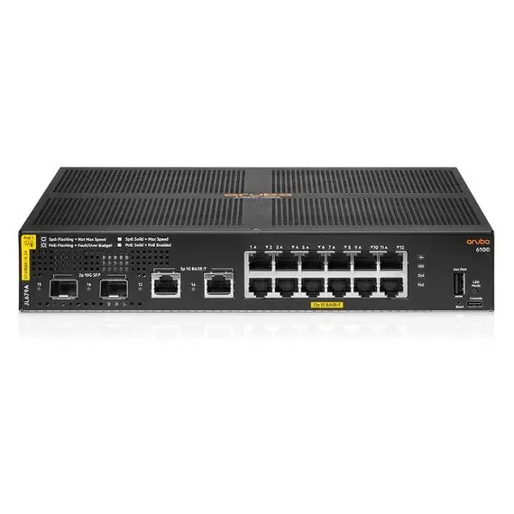 Aruba 6100 - Network Switch, 12G, Class4, PoE, 2G/2SFP+, 139W, Managed, L3, Gigabit Ethernet (10/100/1000), Power over Ethernet (PoE), 1U, Black