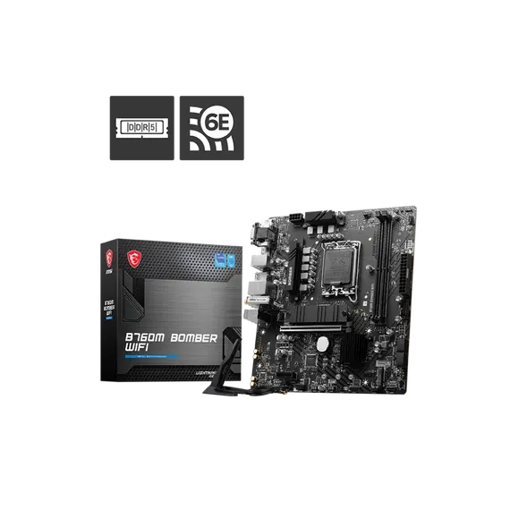 MSI B760M BOMBER WIFI - Motherboard, Intel® Core™ 14th/13th/12th Gen, LGA 1700, mATX, Black, 1YR