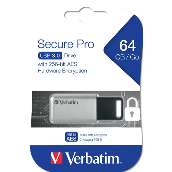 Verbatim Secure Pro - 64GB USB 3.0 Drive, Silver, 2 image