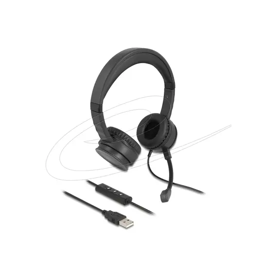 Delock USB Stereo Headset with Cable Remote Control and Quick-Mute Button for PC and Laptop, Black
