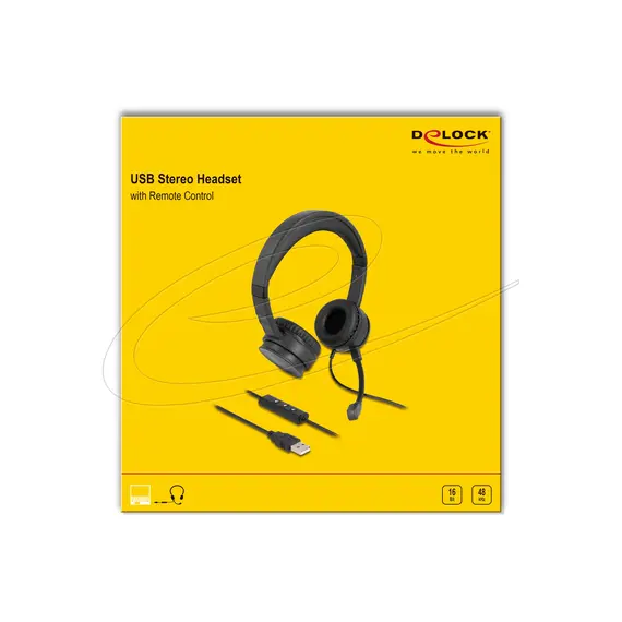 Delock USB Stereo Headset with Cable Remote Control and Quick-Mute Button for PC and Laptop, Black, 2 image