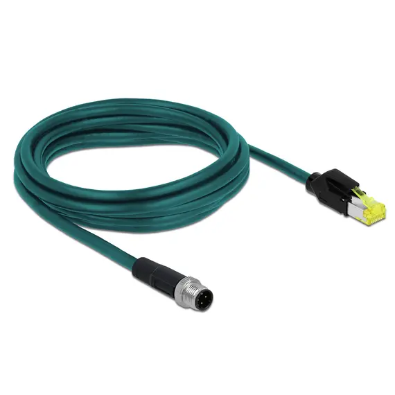 Delock Network Cable M12 D-coded 4 pin to RJ45 Hirose plug TPU, 3m, אורך הכבל: 3 m