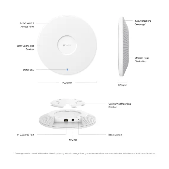 TP-Link EAP772 - Access Point, 9300 Mbit/s, Wi-Fi 7 802.11be, 380 users, Bluetooth 5.2, 2.5GbE, 802.3at PoE, White, imagen 8