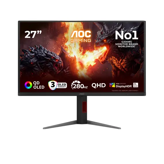 AOC Q27G4ZD Gaming Monitor - 26.5", Quad HD, QD-OLED, 280 Hz, Black and Red, 3YR – מסך מחשב