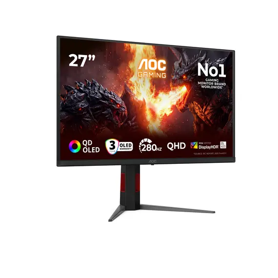 AOC Q27G4ZD Gaming Monitor - 26.5", Quad HD, QD-OLED, 280 Hz, Black and Red, 3YR – מסך מחשב, תמונה 2